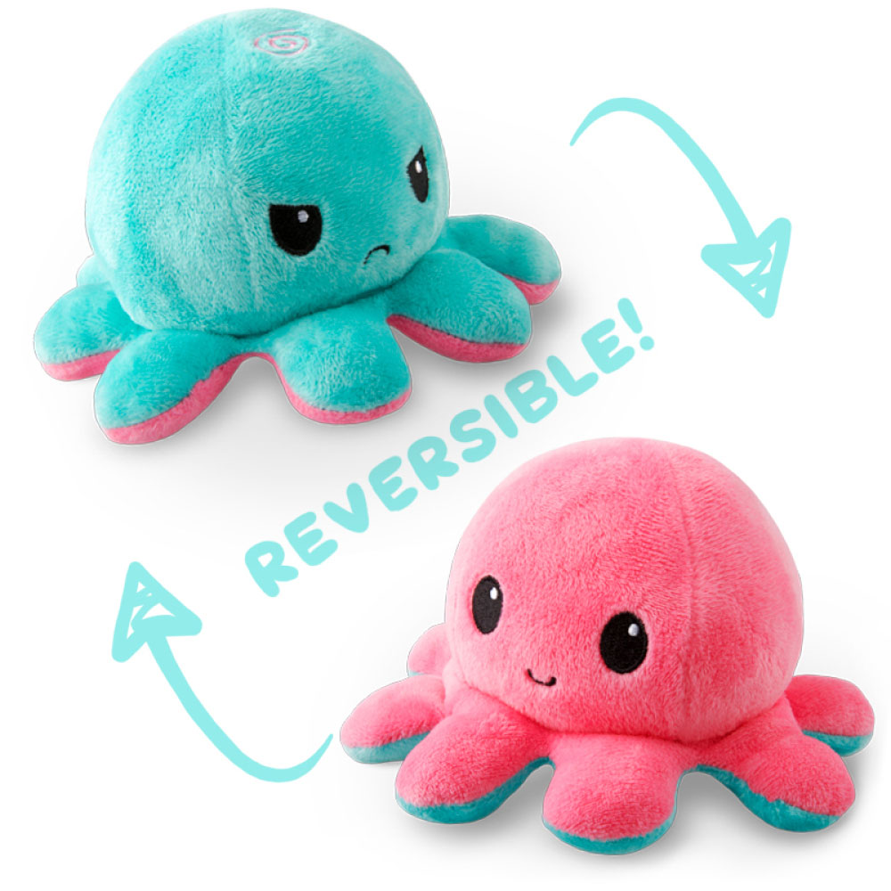 Image showing off both sides of an aqua and pink TeeTurtle reversible plush. Aqua side is mad, pink side is happy.