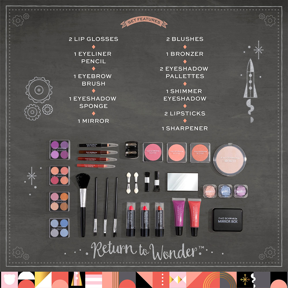 Flatlay of the FAO Schwarz Ultimate Makeup Kit with everything laid out including brushes, lipsticks, eyeshadows, and more.