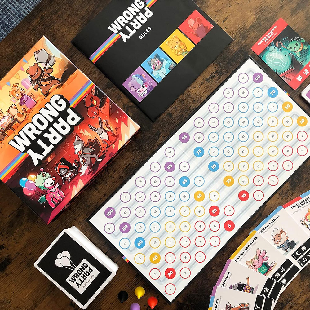 Wrong Party game box, board, cards, and other elements laid out on a table
