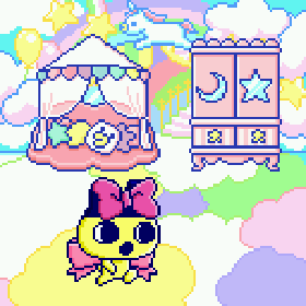 Gif of a Tamagotchi Uni character pacing around their pastel bedroom