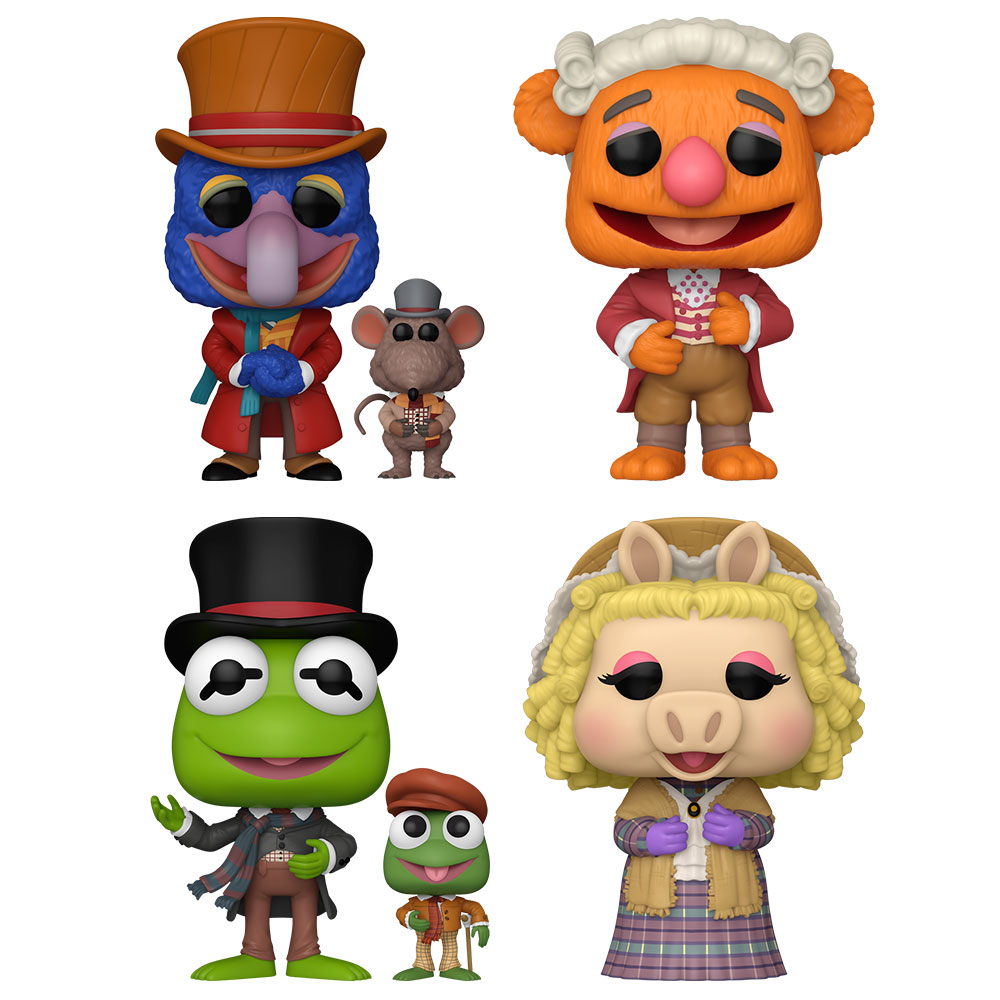 Kermit as Bob Cratchit w/ Tiny Tim, Miss Piggy as Mrs. Cratchit, Gonzo as Charles Dickens w/ Rizzo, & Fozzy Bears as Fozziwig Funko Pop! Figures