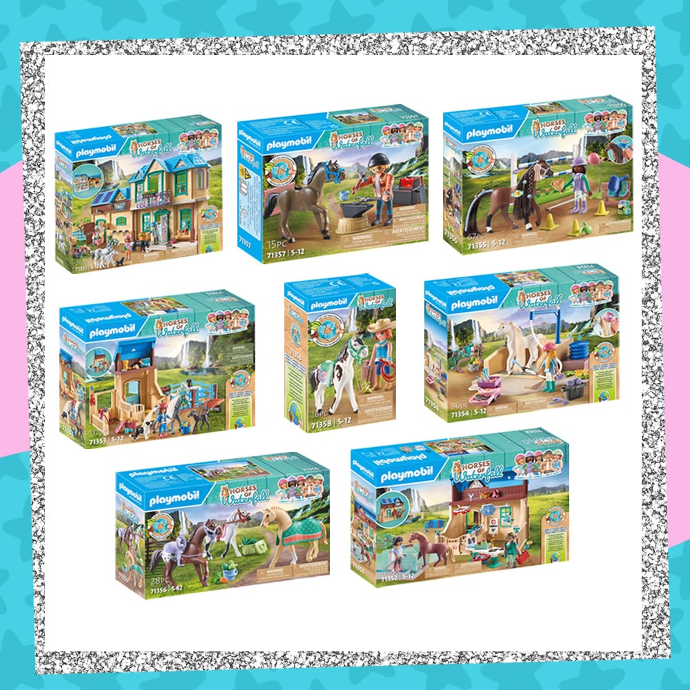 Prize graphic featuring all 8 sets included in our PLAYMOBIL Horses of Waterfall giveaway. Fully detailed rules, entry form, & prize info detailed below this image.