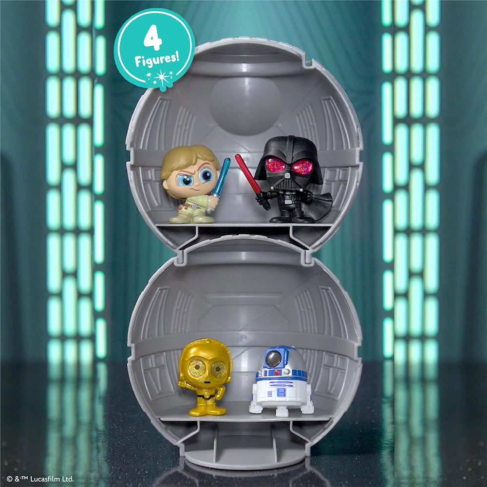 Star Wars Doorables Galaxy Peek Death Star inspired capsule opened to show the inside, featuring mini Luke Skywalker, Darth Vader, C-3PO, & R2-D2 figures