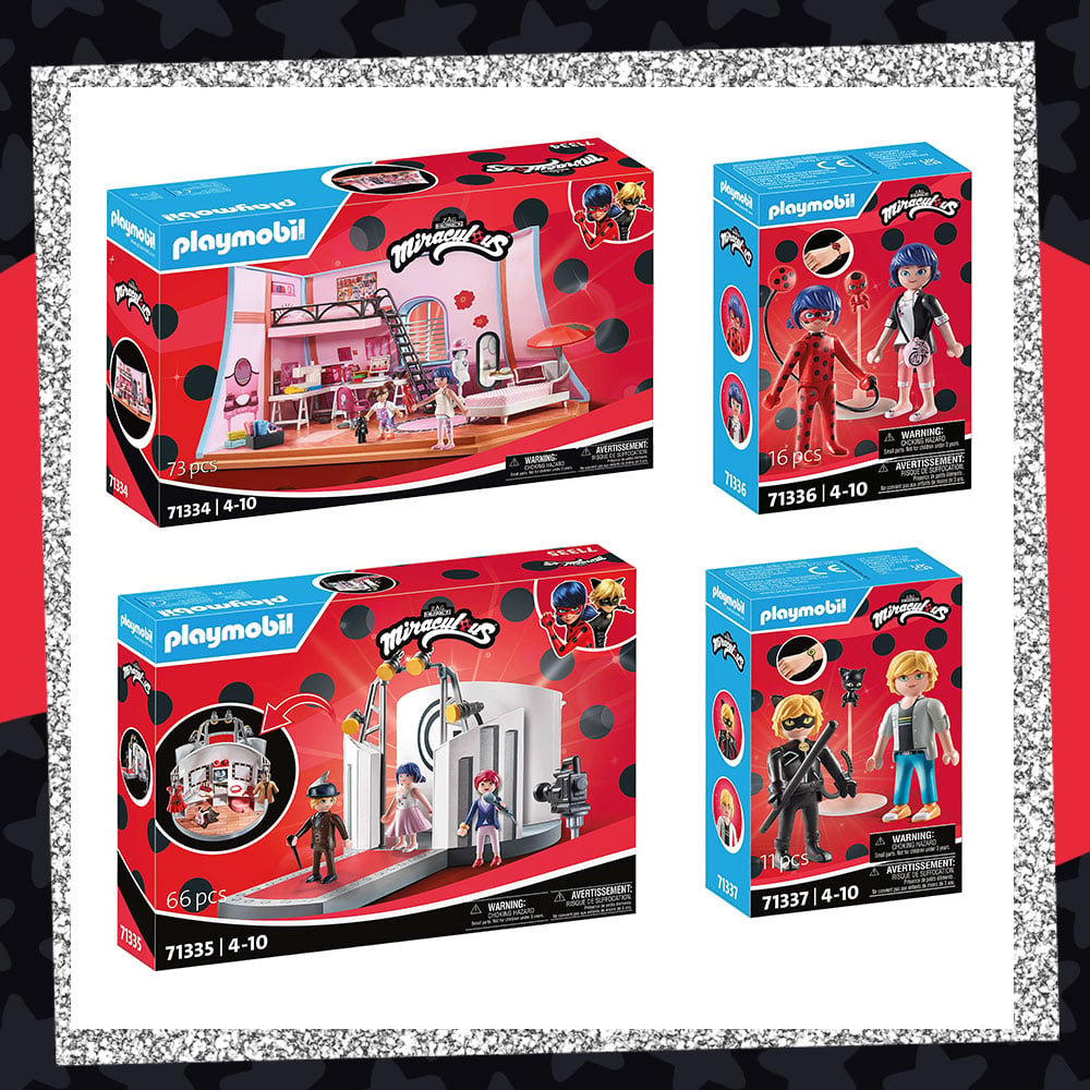 Prize graphic featuring all 4 sets included in our PLAYMOBIL Miraculous giveaway. Fully detailed rules, entry form, & prize info detailed below this image.